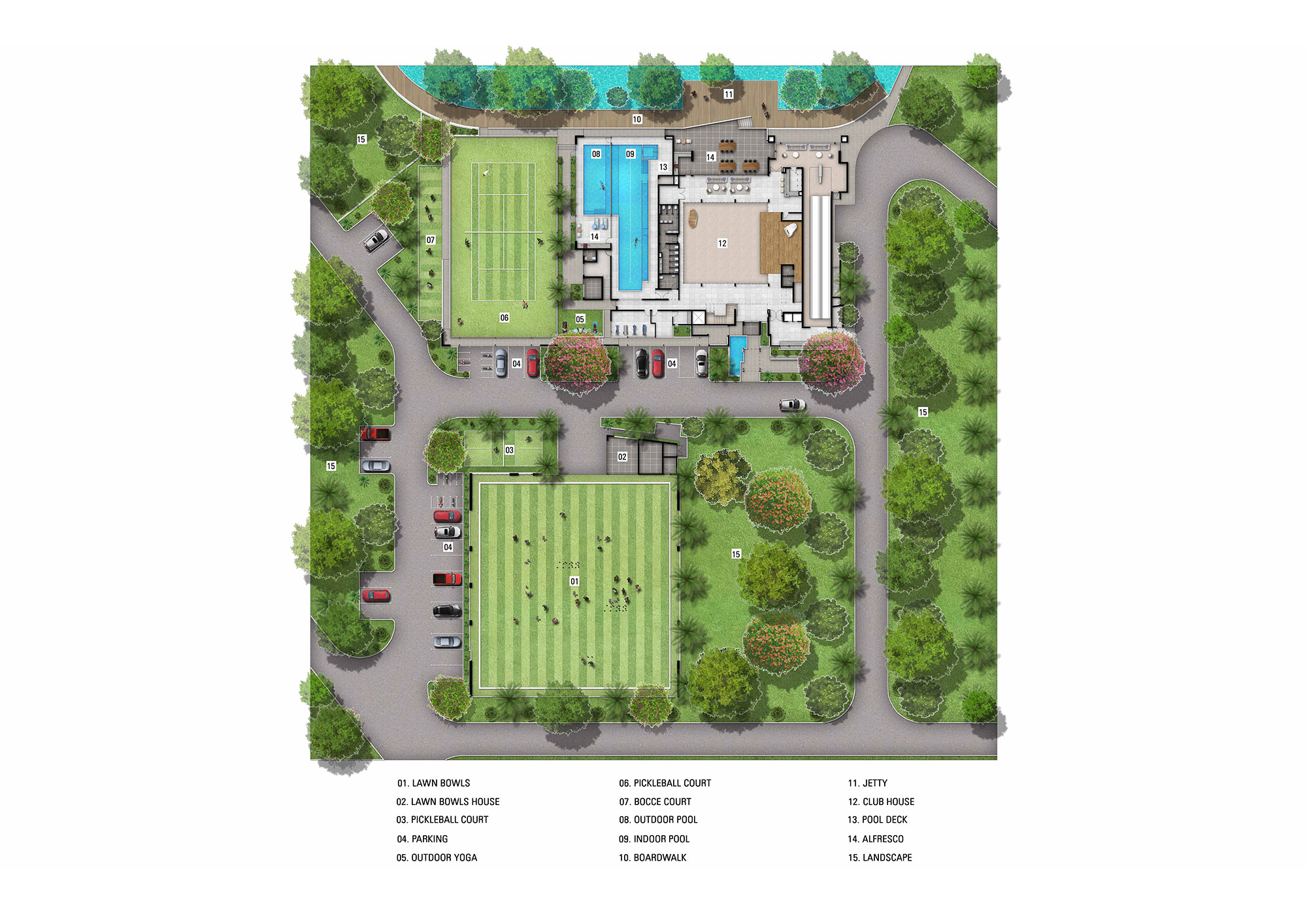 Aerial view of landscaped property layout.
